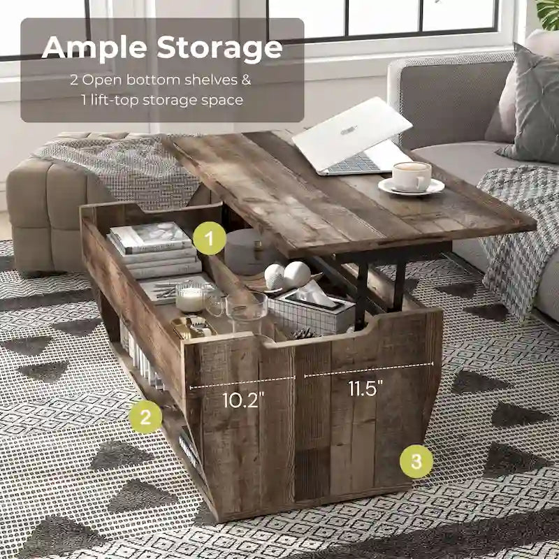 Mesa de centro rústica de madera de 41" con tapa elevable y estantes de almacenamiento
