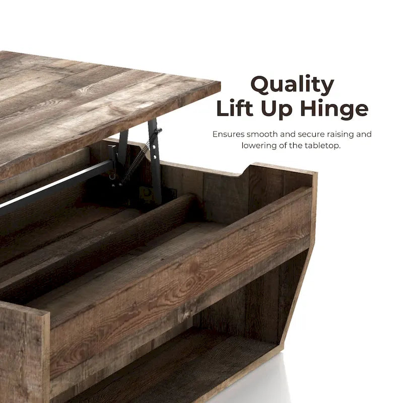 Mesa de centro rústica de madera de 41" con tapa elevable y estantes de almacenamiento