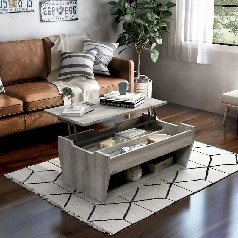 Mesa de centro rústica de madera de 41" con tapa elevable y estantes de almacenamiento
