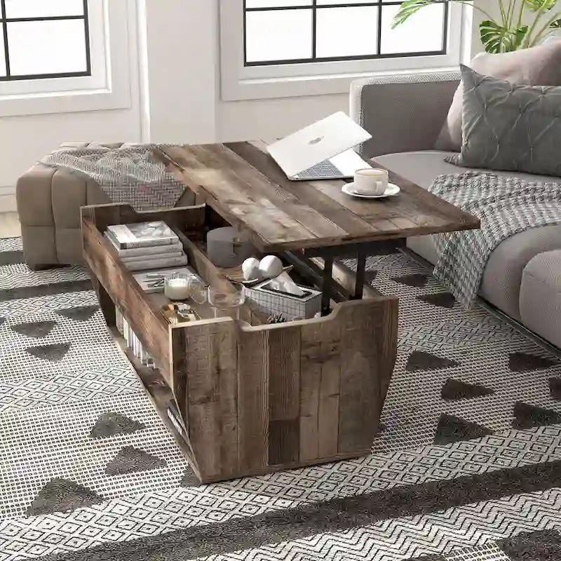 Mesa de centro rústica de madera de 41" con tapa elevable y estantes de almacenamiento