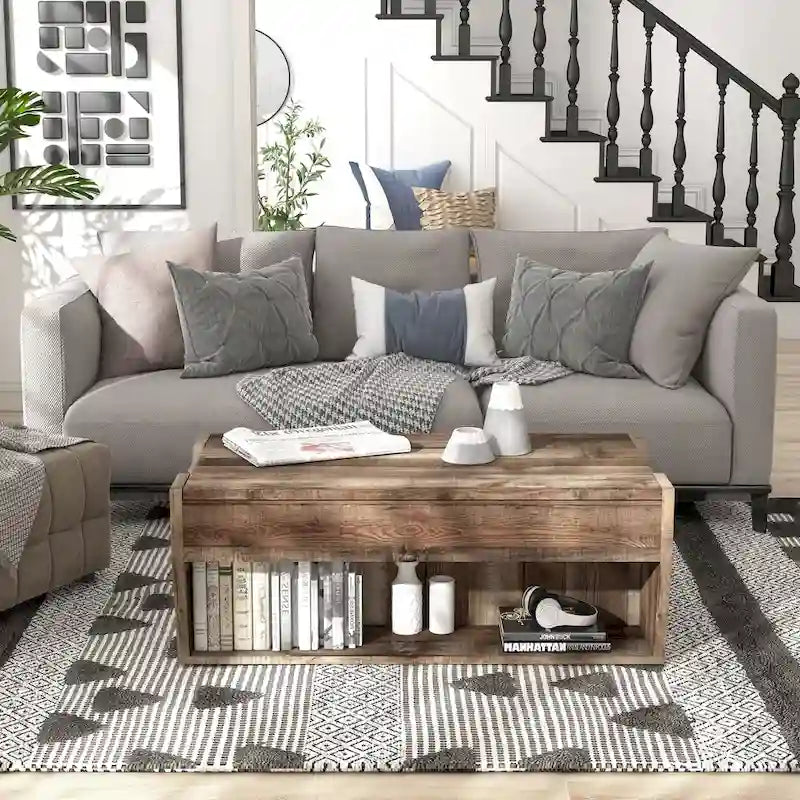 Mesa de centro rústica de madera de 41" con tapa elevable y estantes de almacenamiento