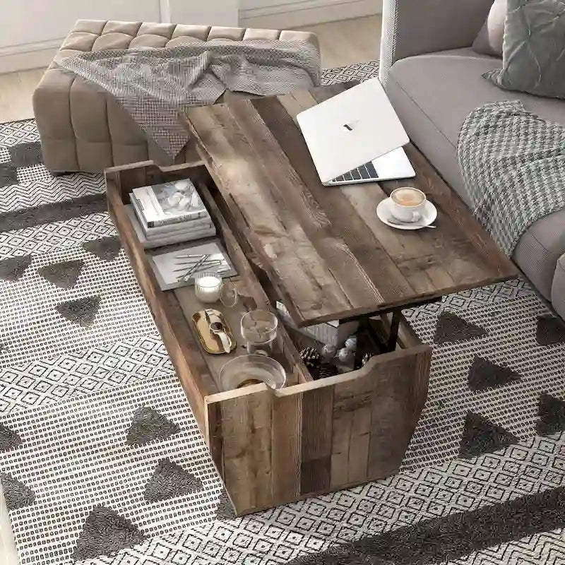 Mesa de centro rústica de madera de 41" con tapa elevable y estantes de almacenamiento