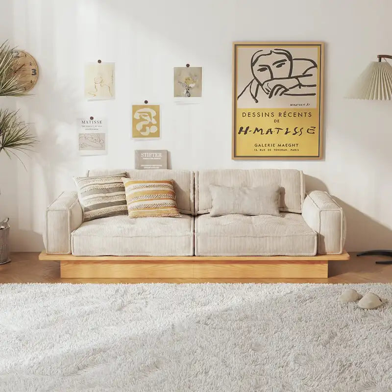 Sofá moderno tapizado en pana con estructura de madera maciza – Beige