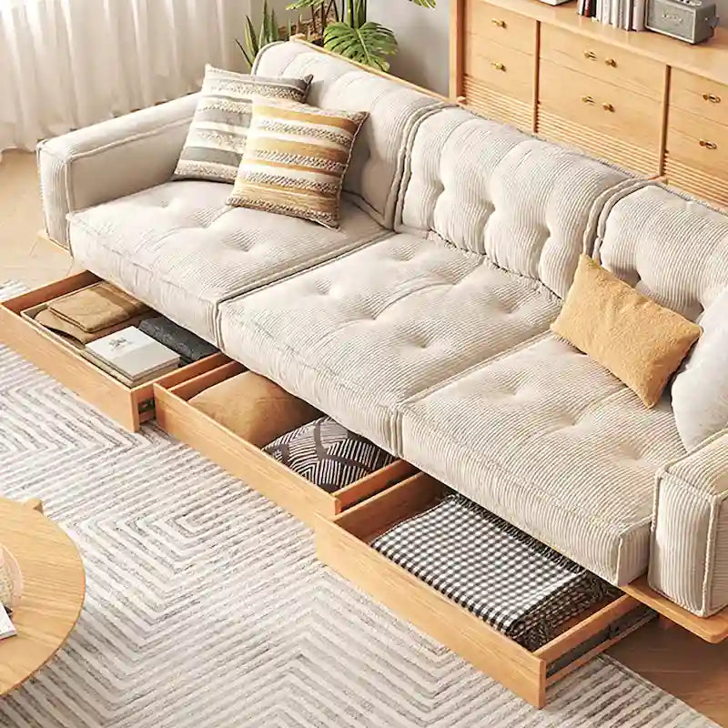 Sofá moderno tapizado en pana con estructura de madera maciza – Beige