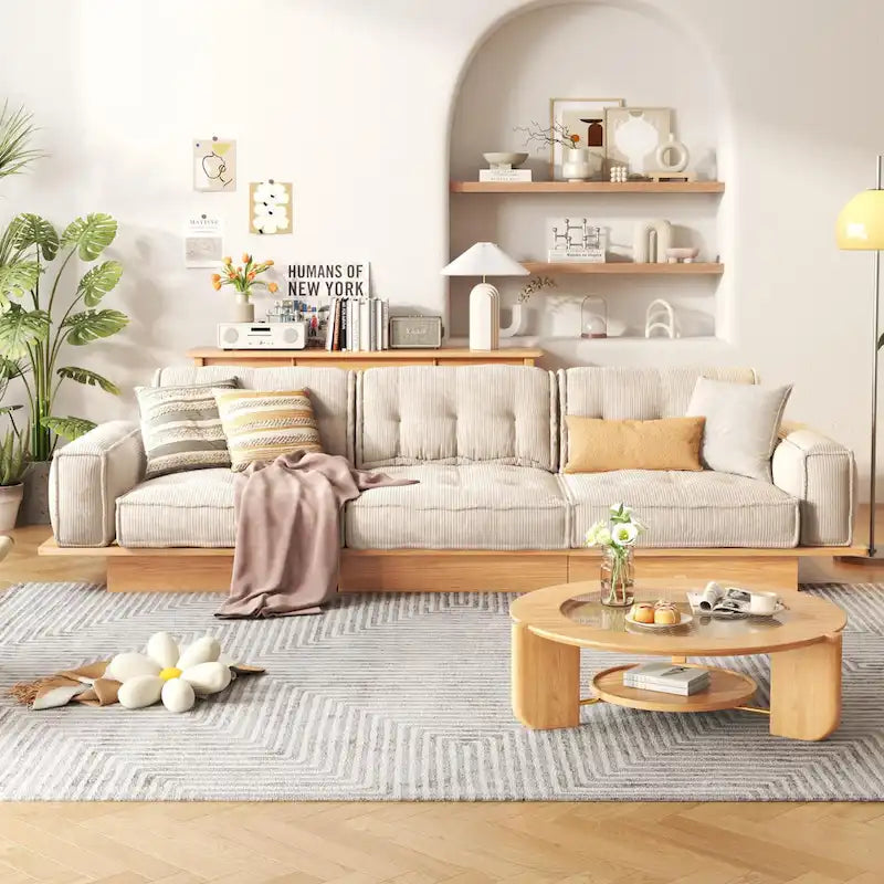 Sofá moderno tapizado en pana con estructura de madera maciza – Beige