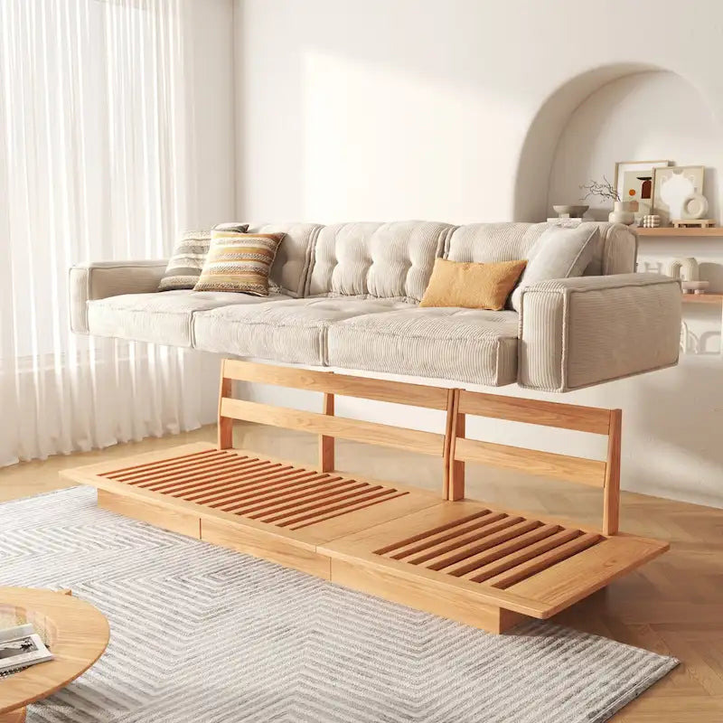 Sofá moderno tapizado en pana con estructura de madera maciza – Beige