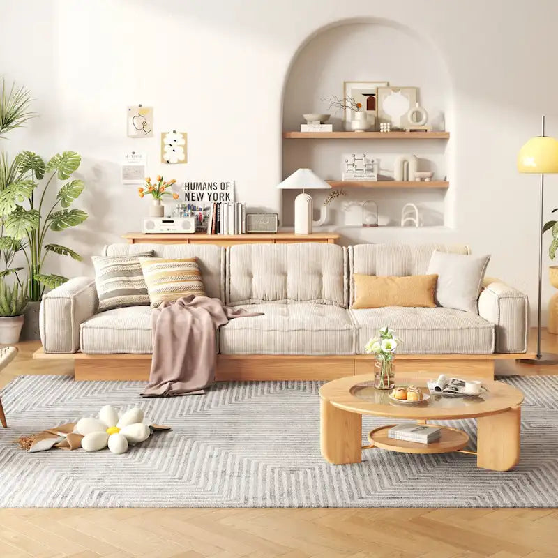 Sofá moderno tapizado en pana con estructura de madera maciza – Beige