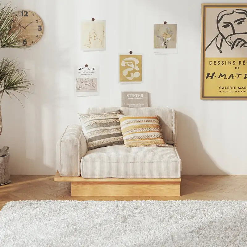 Sofá moderno tapizado en pana con estructura de madera maciza – Beige