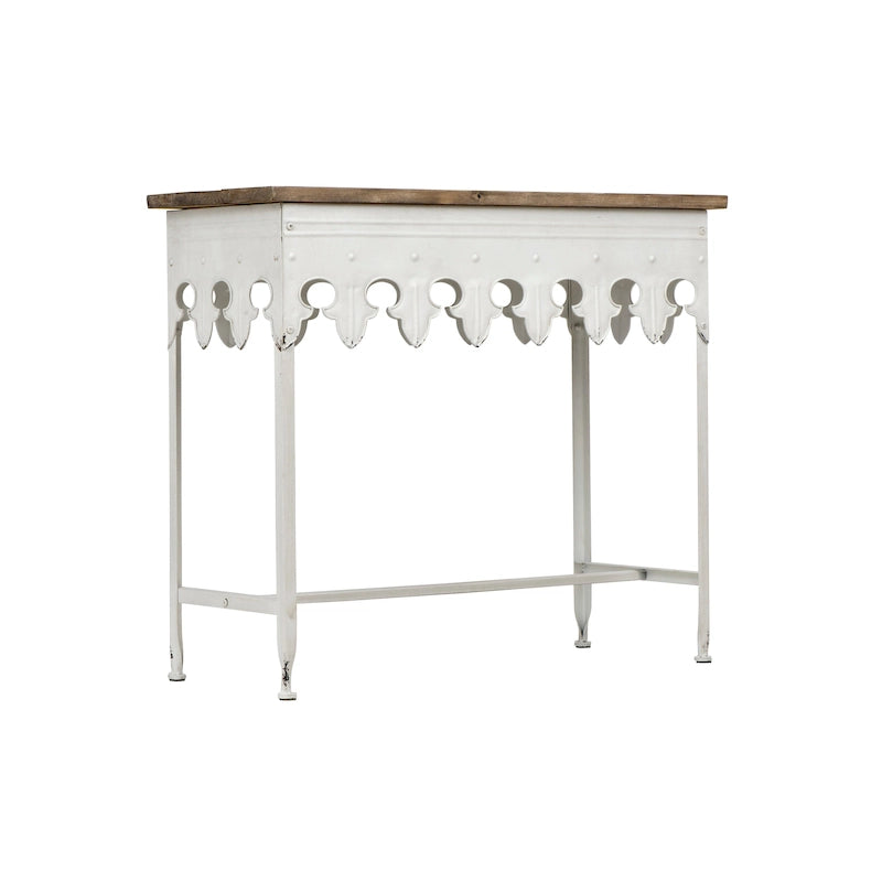 Mesa de sofá de madera con borde festoneado y metal con acabado de zinc