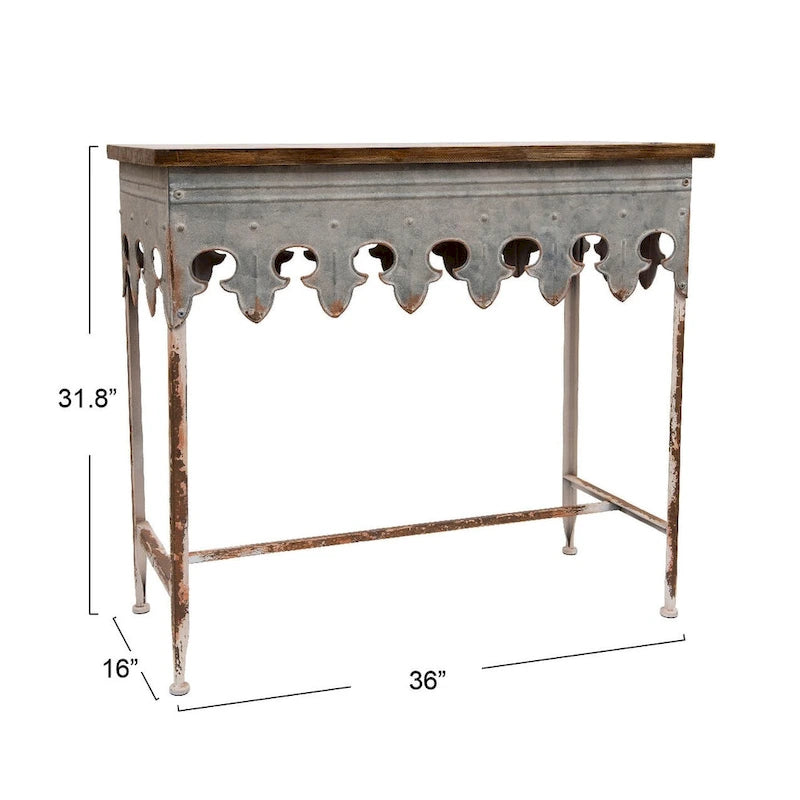 Mesa de sofá de madera con borde festoneado y metal con acabado de zinc