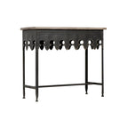 Mesa de sofá de madera con borde festoneado y metal con acabado de zinc