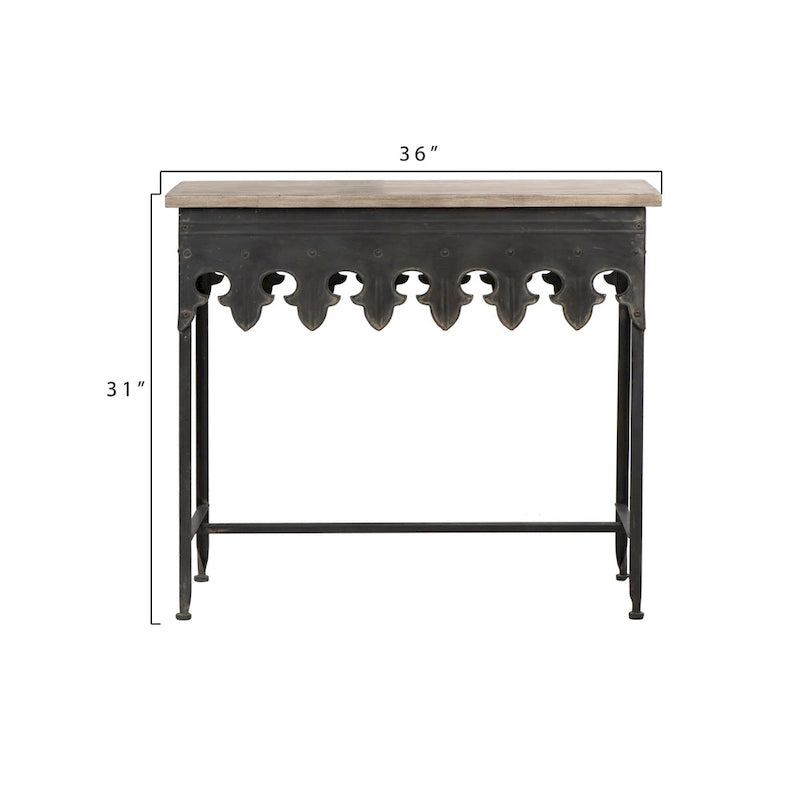 Mesa de sofá de madera con borde festoneado y metal con acabado de zinc
