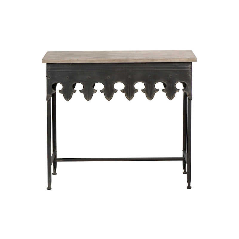 Mesa de sofá de madera con borde festoneado y metal con acabado de zinc