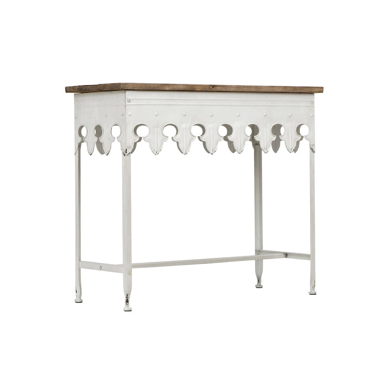 Mesa de sofá de madera con borde festoneado y metal con acabado de zinc