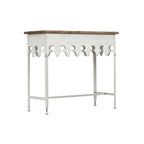 Mesa de sofá de madera con borde festoneado y metal con acabado de zinc
