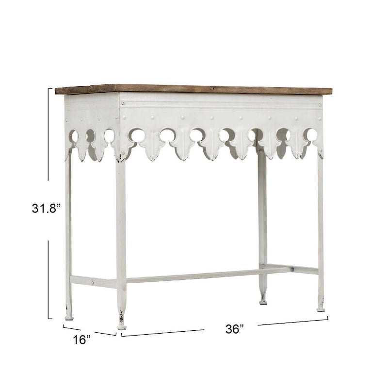 Mesa de sofá de madera con borde festoneado y metal con acabado de zinc