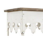 Mesa de sofá de madera con borde festoneado y metal con acabado de zinc