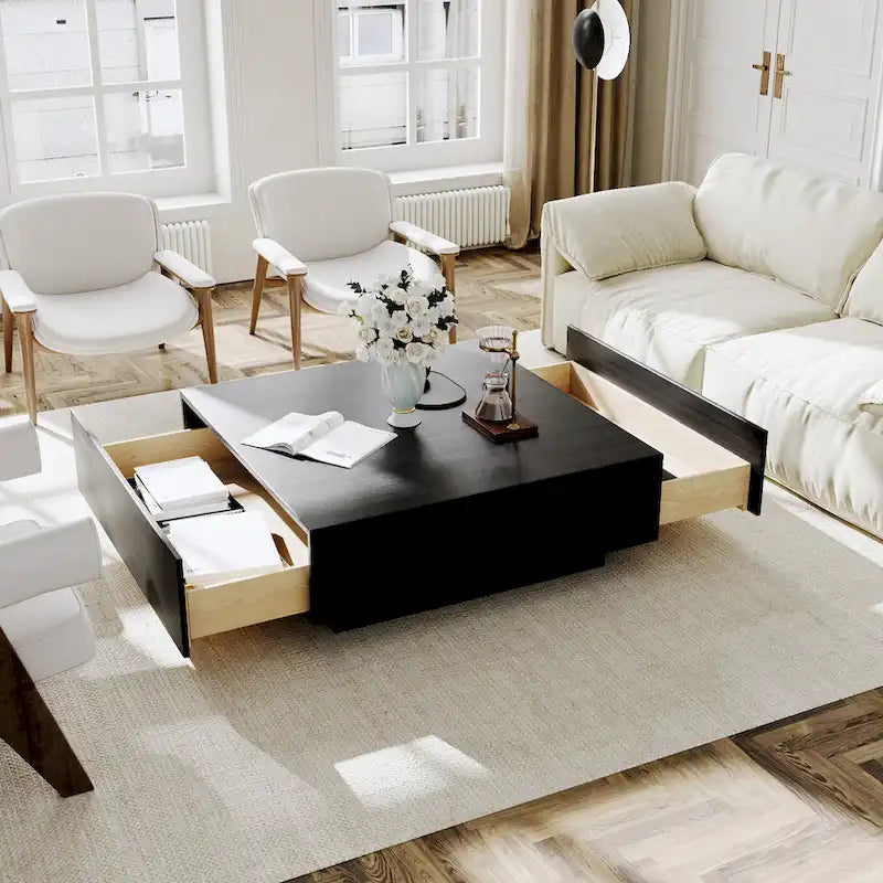 Mesa de centro moderna de mediados de sigloMesa de centro minimalista de chapa de madera con almacenamiento para sala de estar, completamente montada