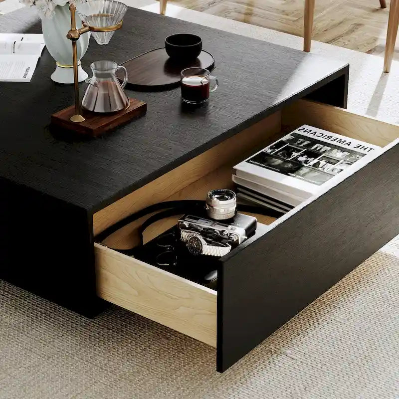 Mesa de centro moderna de mediados de sigloMesa de centro minimalista de chapa de madera con almacenamiento para sala de estar, completamente montada