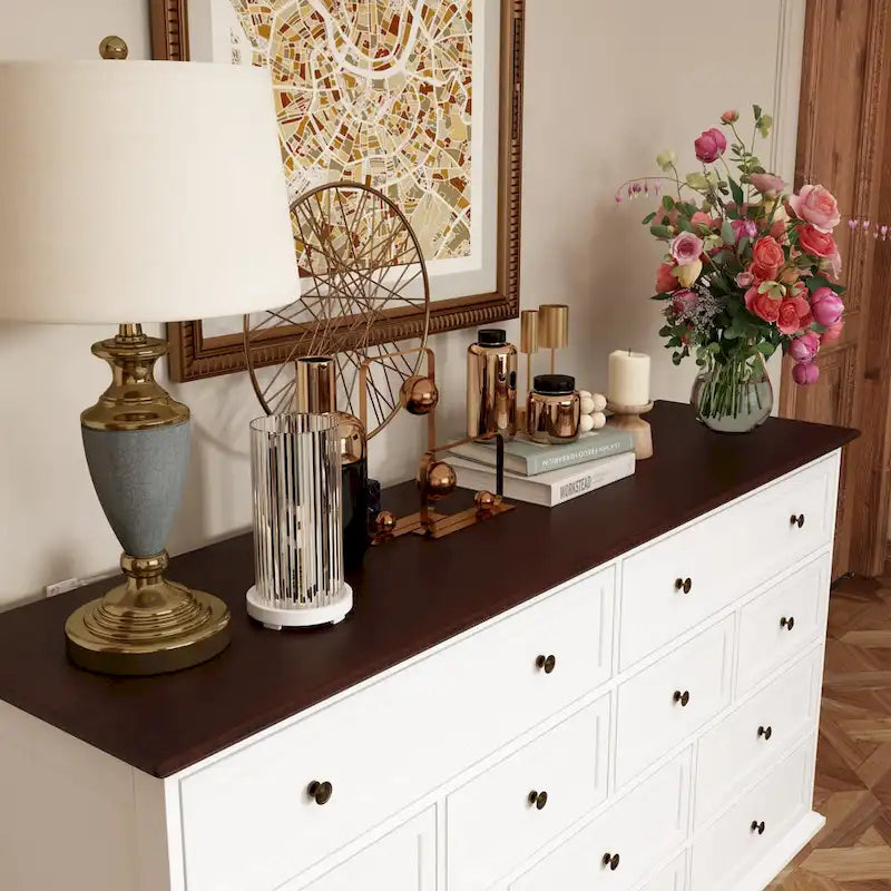 Cómoda versátil de madera maciza con 12 cajones - Cómoda marrón y blanca