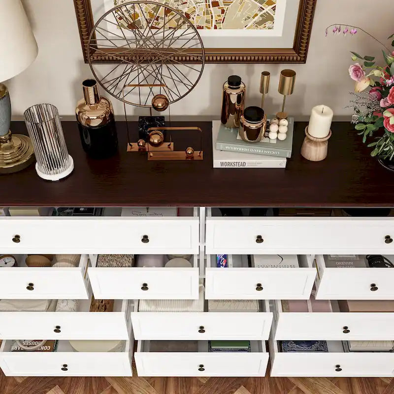 Cómoda versátil de madera maciza con 12 cajones - Cómoda marrón y blanca