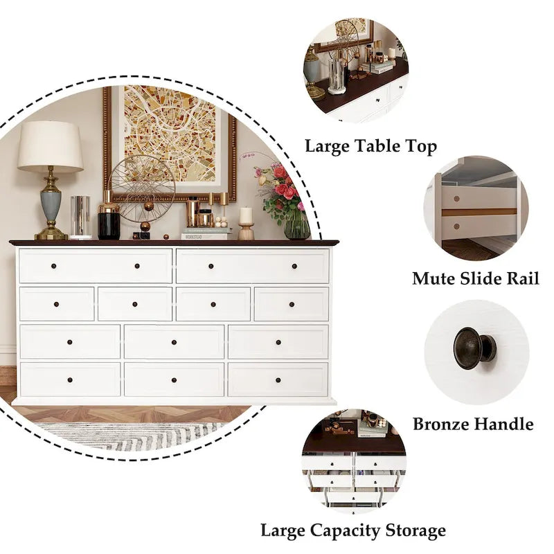 Cómoda versátil de madera maciza con 12 cajones - Cómoda marrón y blanca