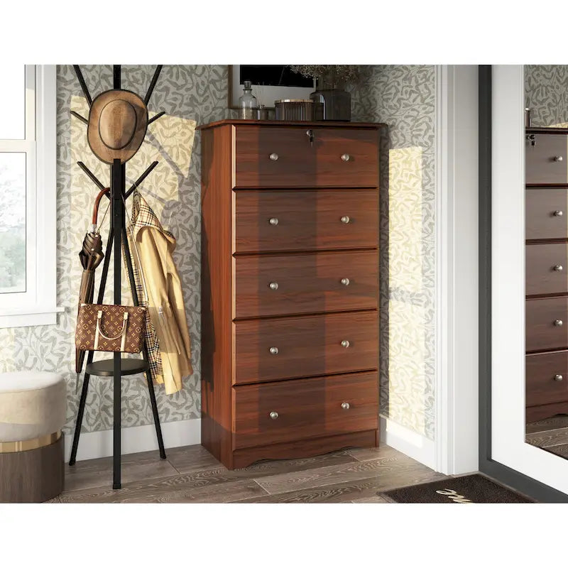 Cómoda de 5 cajones grandes de madera maciza 100 % con cerradura