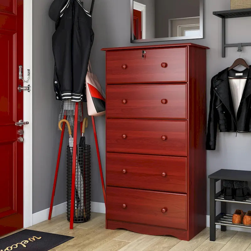 Cómoda de 5 cajones grandes de madera maciza 100 % con cerradura