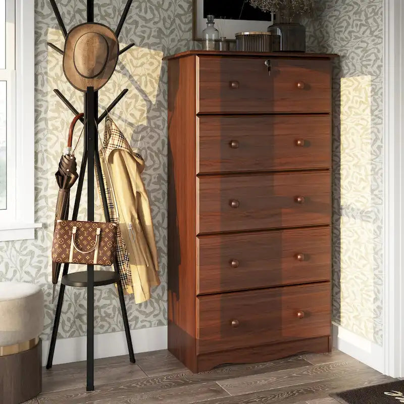 Cómoda de 5 cajones grandes de madera maciza 100 % con cerradura