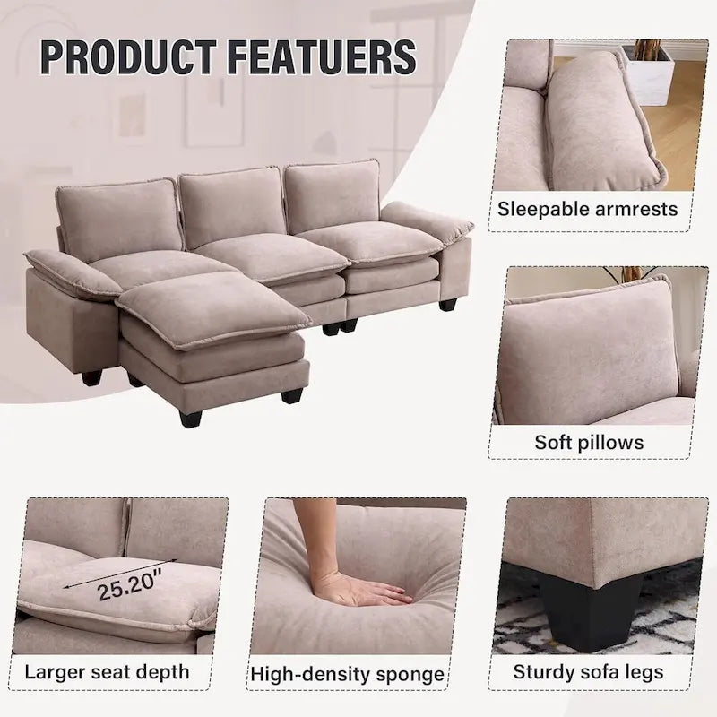25.2 Sofá modular de tres plazas con asiento profundo y diseño en L para sala de estar