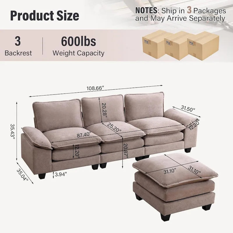 25.2 Sofá modular de tres plazas con asiento profundo y diseño en L para sala de estar