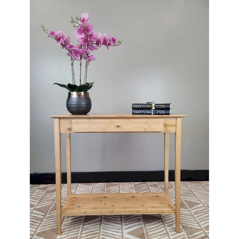 Mesa Consola de Bambú Macizo de 2 Niveles con Cajón