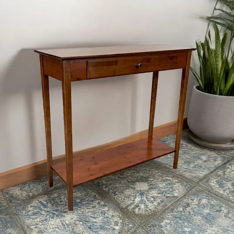 Mesa Consola de Bambú Macizo de 2 Niveles con Cajón