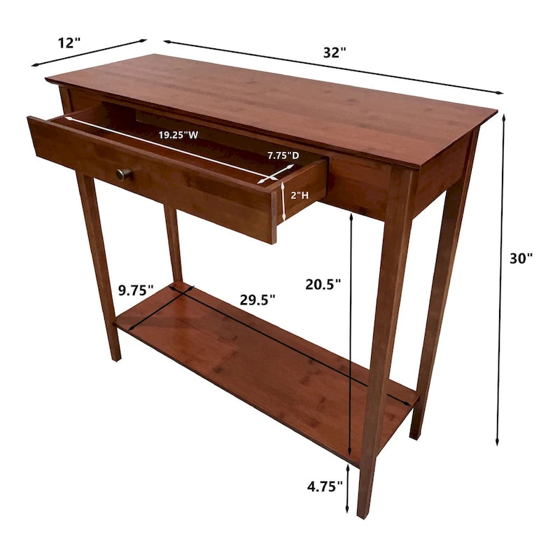 Mesa Consola de Bambú Macizo de 2 Niveles con Cajón