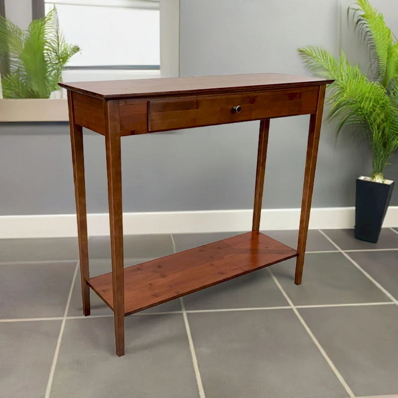 Mesa Consola de Bambú Macizo de 2 Niveles con Cajón