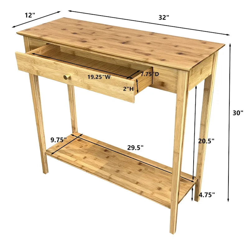 Mesa Consola de Bambú Macizo de 2 Niveles con Cajón