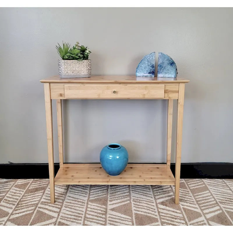 Mesa Consola de Bambú Macizo de 2 Niveles con Cajón