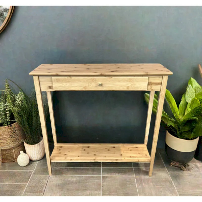 Mesa Consola de Bambú Macizo de 2 Niveles con Cajón