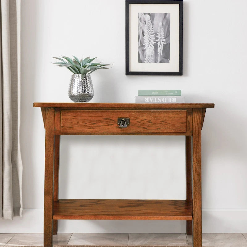 Consola estrecha de madera maciza estilo Misión para recibidor