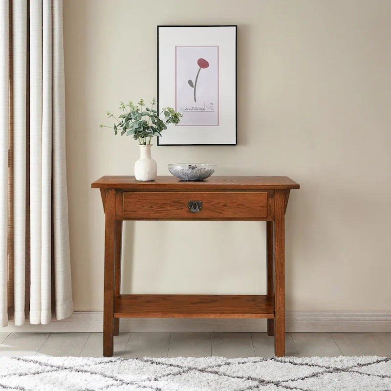 Consola estrecha de madera maciza estilo Misión para recibidor