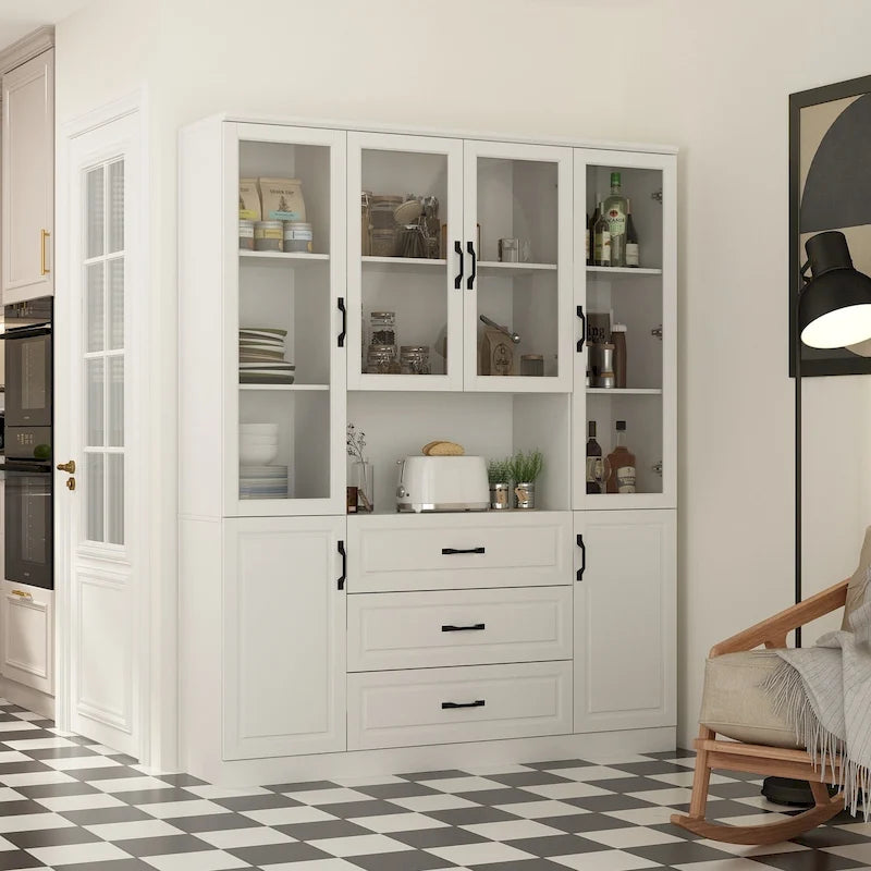 Aparador blanco grande y elegante para cocina con puertas de cristal para exhibición