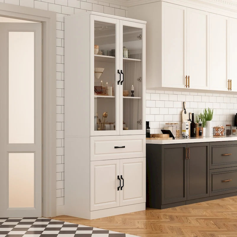 Aparador blanco grande y elegante para cocina con puertas de cristal para exhibición