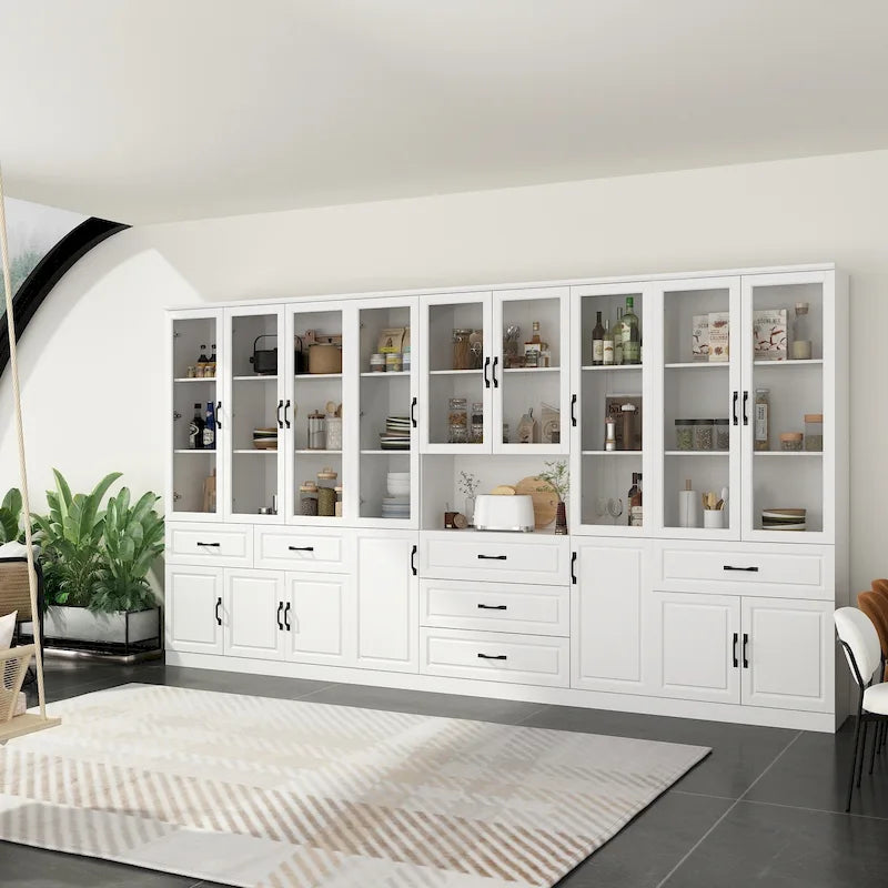 Aparador blanco grande y elegante para cocina con puertas de cristal para exhibición