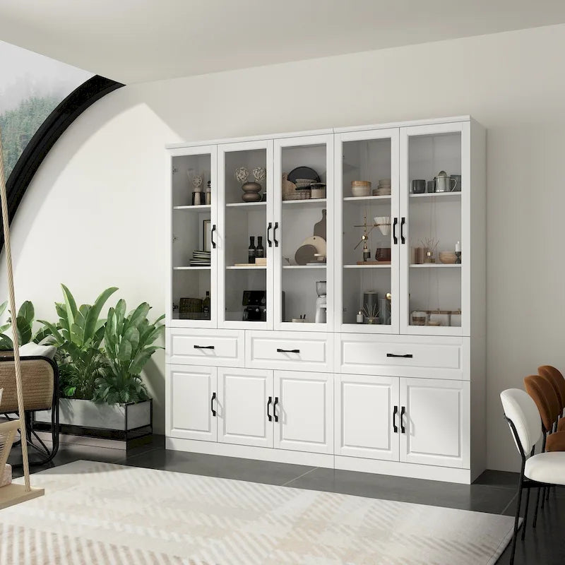Aparador blanco grande y elegante para cocina con puertas de cristal para exhibición