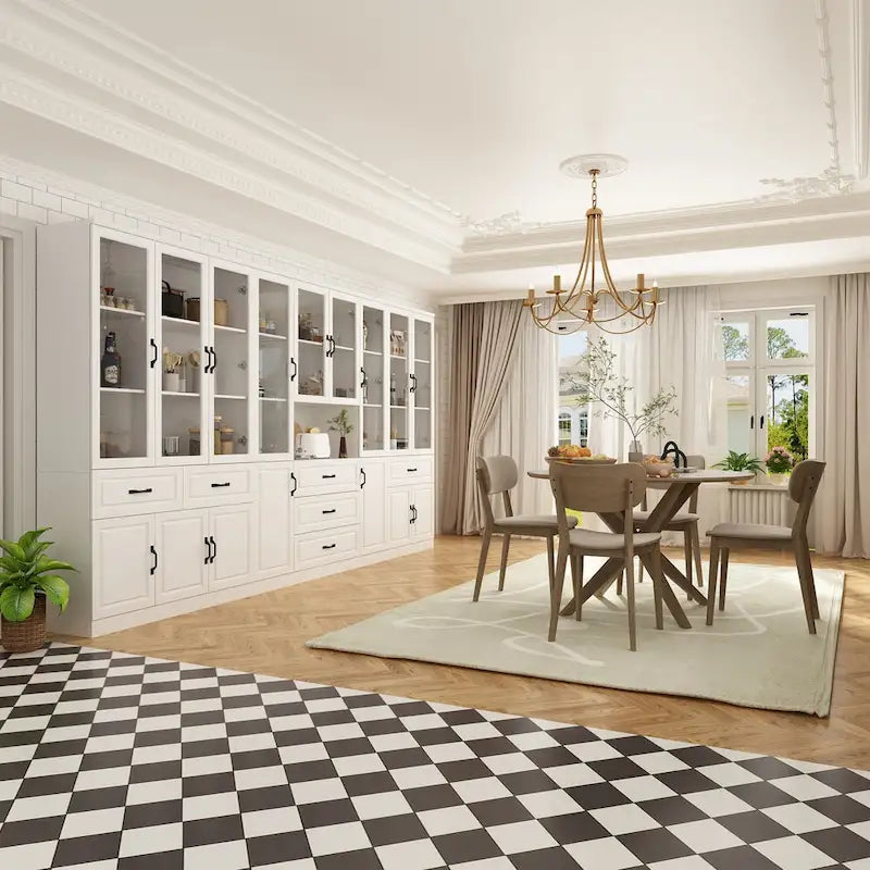 Aparador blanco grande y elegante para cocina con puertas de cristal para exhibición