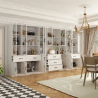 Aparador blanco grande y elegante para cocina con puertas de cristal para exhibición