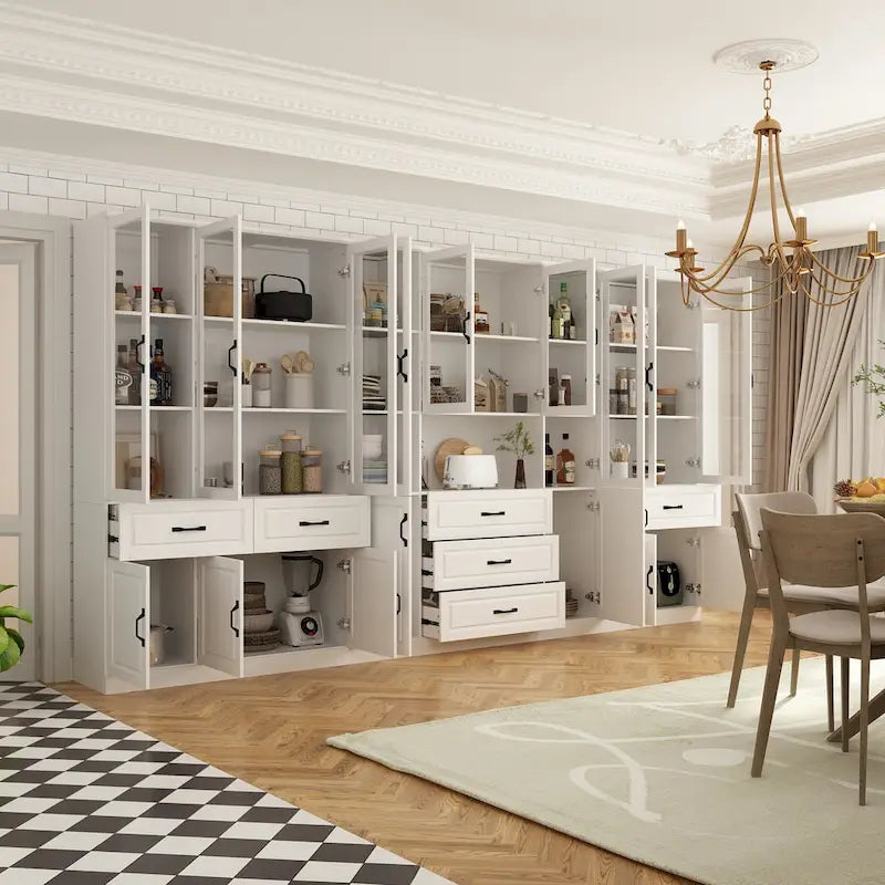 Aparador blanco grande y elegante para cocina con puertas de cristal para exhibición