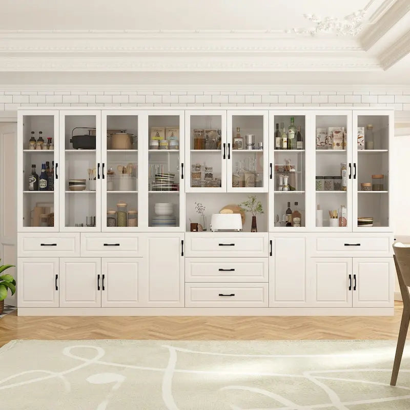 Aparador blanco grande y elegante para cocina con puertas de cristal para exhibición