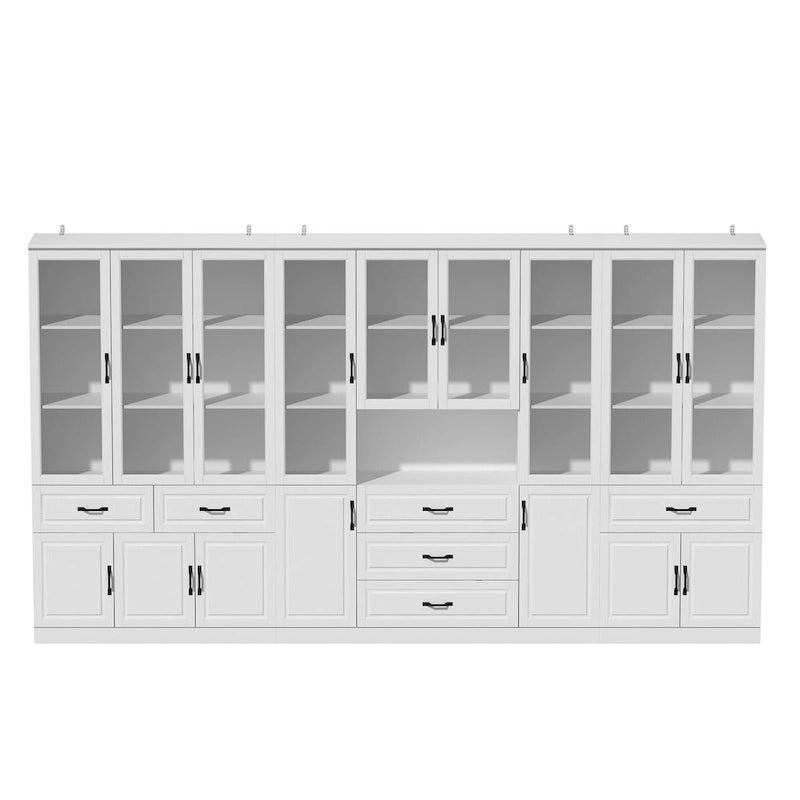 Aparador blanco grande y elegante para cocina con puertas de cristal para exhibición