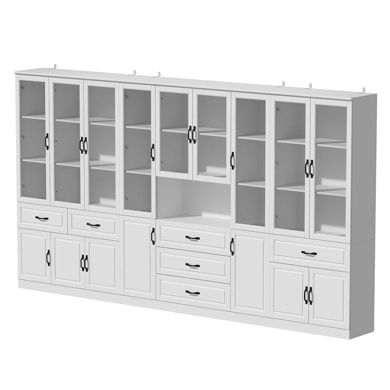 Aparador blanco grande y elegante para cocina con puertas de cristal para exhibición